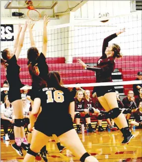  ?? MARK HUMPHREY/ENTERPRISE-LEADER ?? Gentry attacks while Gravette tries to block during a Monday, Oct. 21, 4A-1 District volleyball tournament match at Huntsville. Gentry battled to the end before losing in three straight sets, 25-22, 27-25, 27-25, to their Benton Country rivals.