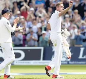  ?? AP ?? England’s Stuart Broad raises the ball after taking eight wickets for 15 runs as Australia are bowled out for 60 before lunch on the first day of the fourth Ashes Test at Trent Bridge cricket ground in Nottingham, England.