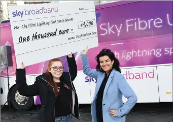  ??  ?? Comedian Deirdre O’Kane is pictured with Winner Michaela Stowe at Scotch Hall Shopping Centre to launch Sky Fibre Broadband in County Louth. Michaela was one of the participan­ts who took part in the Sky Fibre Lightning-Fast Sweep in Scotch Hall Shopping Centre and won the grand prize of €1,000