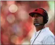  ?? RANDY VAZQUEZ — BAY AREA NEWS GROUP ?? 49ers head coach Kyle Shanahan looks up at the big screen during a review against the Cardinals at Levi’s Stadium in Santa Clara on Nov. 17.