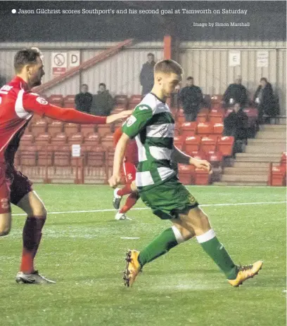  ?? Jason Gilchrist scores Southport’s and his second goal at Tamworth on Saturday Image by Simon Marshall ??