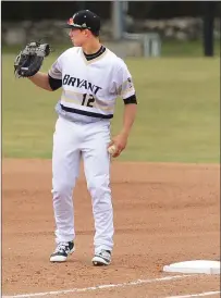  ?? File photo by Ernest A. Brown ?? Bryant freshman and Cumberland graduate Chris Wright is going to pitch and play first base for the Ocean State Waves.