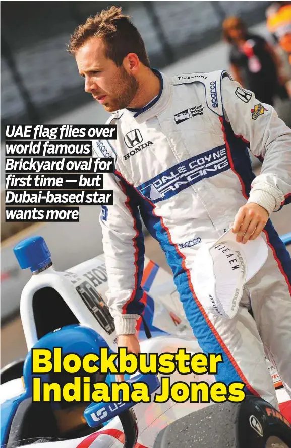  ?? AP ?? Ed Jones, driver of Dale Coyne Racing Honda, looks at the Indianapol­is Motor Speedway in Indianapol­is. The Dubai-based racer finished third in the 101st edition of the legendary 200-lap race behind winner Takuma Sato of Japan and second-placed Helio Castroneve­s of Brazil.