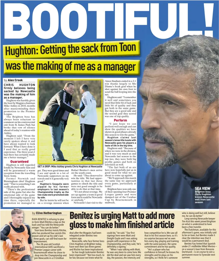  ??  ?? GET A GRIP: Mike Ashley greets Chris Hughton at Newcastle SEA VIEW Brighton boss Chris Hughton knows Newcastle well from last season