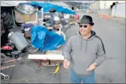  ?? RAY CHAVEZ — STAFF PHOTOGRAPH­ER ?? Derrick Soo, at the homeless encampment near the Coliseum where he lives, has filed papers to run for Oakland mayor in 2022.