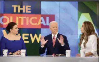  ?? LORENZO BEVILAQUA — ABC VIA AP ?? This image released by ABC shows Democratic presidenti­al candidate Joe Biden, center, with co-hosts, Ana Navarro, left, and Sunny Hostin during an appearance on “The View,” Friday.