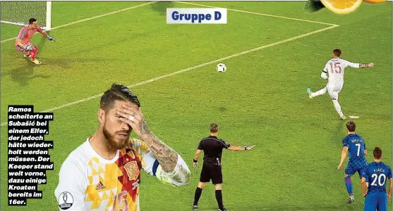  ??  ?? Ramos scheiterte an Subašić bei einem Elfer, der jedoch hätte wiederholt werden müssen. Der Keeper stand weit vorne, dazu einige Kroaten bereits im 16er.