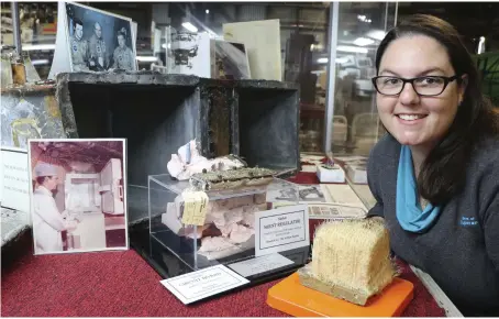  ?? CREDIT: DREW TURNEY ?? Lynda Horn, Cultural Officer at Esperance Shire Museum, with a display of Skylab debris.