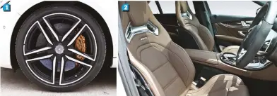  ??  ?? 1. Behind the split spokes of the 20-inch wheels, massive 15.8/14.2-inch (front/rear) optional carbon ceramic rotors for shorter stopping distances and fade-free performanc­e. 2. Superb AMG Performanc­e seats come standard12