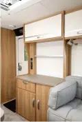  ??  ?? LEFT The well-equipped kitchen provides extendable work surface RIGHT Sideboard and overhead lockers offer ample storage for two