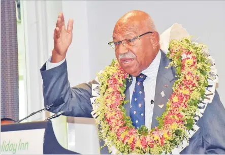  ?? Picture: ELIKI NUKUTABU ?? Prime Minister Sitiveni Rabuka speaks at the launch of Ajay Bhai Amrit’s book, ‘Sports, Hollywood & Bollywood’ at Holiday Inn in Suva.