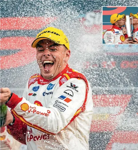  ?? GETTY IMAGES ?? Scott McLaughlin showers the crowd with champagne after winning the Bathurst 1000 on Sunday and, above, celebratin­g his success with codriver Alex Premat.