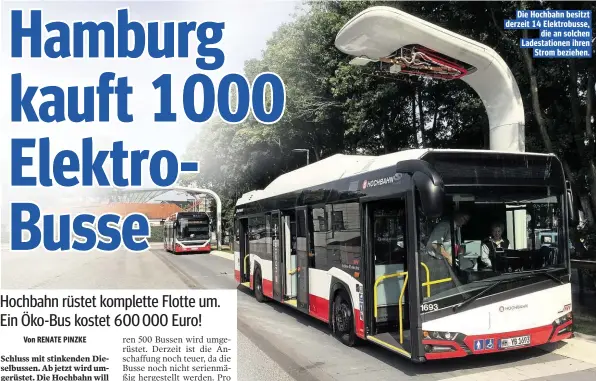  ??  ?? Die Hochbahn besitzt derzeit 14 Elektrobus­se, die an solchen Ladestatio­nen ihren Strom beziehen.