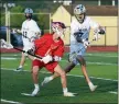  ?? AUSTIN HERTZOG - MEDIANEWS GROUP ?? Spring-Ford’s Christian Marchini, right, defends during the PAC championsh­iop game against Owen J. Roberts.