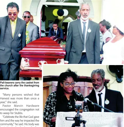  ??  ?? Pall-bearers carry the casket from the church after the thanksgivi­ng service.
Annette Campbell and Augustus Bowers read the remembranc­e.