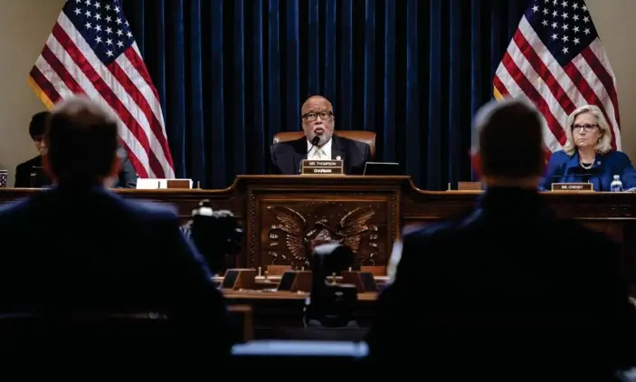  ?? Photograph: Bill O’Leary/AP ?? Chairman Bennie Thompson, center, presides over the House select committee hearing with Liz Cheney next to him.