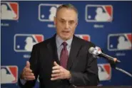  ?? MARK J. TERRILL — THE ASSOCIATED PRESS ?? Major League Baseball Commission­er Rob Manfred speaks during a news conference at the baseball owners meetings in Los Angeles in February.