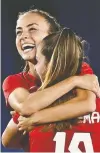  ?? JEFF PACHOUD/AFP VIA GETTY IMAGES ?? Midfielder Julia Grosso, left, hugs forward Jordyn Huitema after scoring the winning penalty shot.