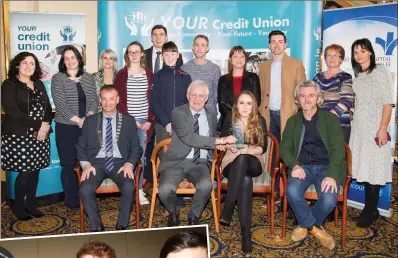  ??  ?? Finbar Walsh presenting Kaytlann Barry (Presentati­on, Listowel) with the prize for the Overall Winner of the Secondary Schools category of the Donal Walsh LiveLife Foundation Film Award with some wellknown faces surroundin­g them - including Aidan...