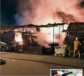  ??  ?? Terrifying inferno: The fire destroying the shoplots at Kampung Bandar, Mukim Siong in Baling, Kedah and Salawati (inset) recovering at Baling Hospital.