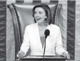  ?? J. SCOTT APPLEWHITE AP ?? Speaker of the House Nancy Pelosi, D-Calif., presides over House passage of President Joe Biden’s expansive social bill. The House is scheduled to return for votes on Tuesday.