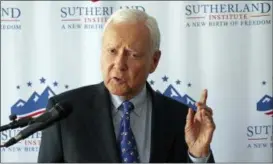  ?? RICK BOWMER — THE ASSOCIATED PRESS ?? U.S. Sen. Orrin Hatch discusses Supreme Court nominee Brett Kavanaugh during a speech hosted by the Sutherland Institute, Thursday in Salt Lake City.