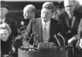  ?? ASSOCIATED PRESS FILE PHOTO ?? President John F. Kennedy delivers his inaugural address Jan. 20, 1961, after taking the oath of office on Capitol Hill in Washington.