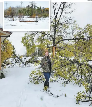  ?? PHOTOS COURTOISIE, EVANIE PALARDY ?? Evanie Palardy devant sa maison de Gypsumvill­e, au nord de Winnipeg, au Manitoba. En mortaise, un des poteaux électrique­s qui a plié l’échine lors de la tempête.