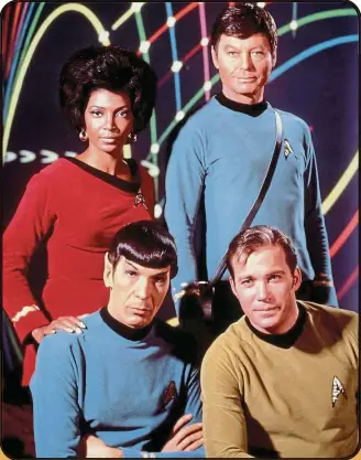  ?? — photos: Filepics ?? Key members of The Original Series in a classic pose ( clockwise from bottom right): Captain James T. Kirk ( William shatner), mr spock ( Leonard Nimoy), Lt Nyota uhura ( Nichelle Nichols) and Dr Leonard ‘ Bones’ mcCoy ( DeForest Kelley).