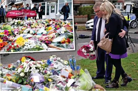  ?? ?? Tributes: Tory MP Mark Francois adds a bouquet to the piles of flowers outside Belfairs Methodist Church yesterday. Inset: Members of the Essex Bangladesh­i Welfare Associatio­n pay their respects