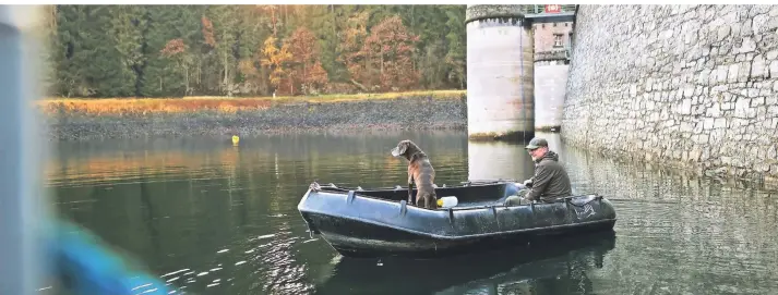  ?? FOTO: CHRISTIAN BEIER ?? Talsperren­wächter Roland Sorgenicht ist mit Hund Max auf einer Kontrollfa­hrt unterwegs. 2,8 Millionen Kubikmeter Wasser kann die Talsperre fassen, jetzt ist sie zu 54,52 Prozent mit 1,5 Millionen Kubikmeter gefüllt.