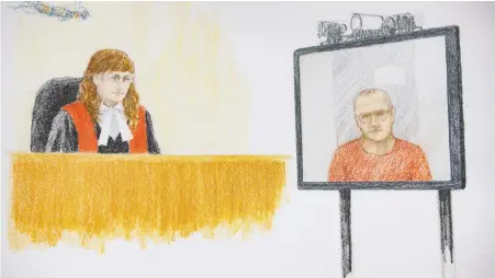  ?? JANE WOLSAK/THE CANADIAN PRESS ?? A courtroom sketch depicts gangster Jamie Bacon appearing in front of B.C. Supreme Court Justice Kathleen Ker via video link on Thursday. Bacon calmly pleaded guilty when asked if he plotted to kill a rival in what has become known as the Surrey Six slayings.