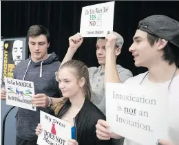  ?? PIERRE OBENDRAUF ?? John Abbott College students Louis Blanchard, left, Camille Proulx, Jun Ro and Olivier Larouche, far right, take part in the Consent Matters event last week.