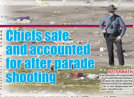  ?? PHOTO BY CHARLIE RIEDEL/AP ?? AFTERMATH
A law enforcemen­t officer looks around the scene following a shooting at the Kansas City Chief NFL Super Bowl celebratio­n in Kansas City, Wednesday, Feb. 14, 2024. Multiple people were injured, a fire official said.