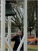  ??  ?? Frank Turner rings the bell just as he did in 1945.