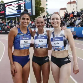  ?? FOTO: RONI REKOMAA / LEHTIKUVA ?? ■ Nooralotta Neziri, Annimari Korte och Reetta Hurske under Paavo Nurmi Games i Åbo i juni 2019.