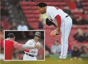  ?? STaFF PHoToS By nanCy LanE ?? REMEMBER THE GLORY DAYS: Pedro Martinez takes a bow, and Julio Lugo (inset right) is congratula­ted by Alex Cora after hitting a home run in yesterday’s Red Sox Alumni Game at Fenway Park.