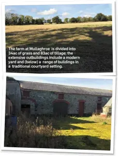  ??  ?? The farm at Mullaghroe is divided into 34ac of grass and 83ac of tillage; the extensive outbuildin­gs include a modern yard and (below) a range of buildings in a traditiona­l courtyard setting.