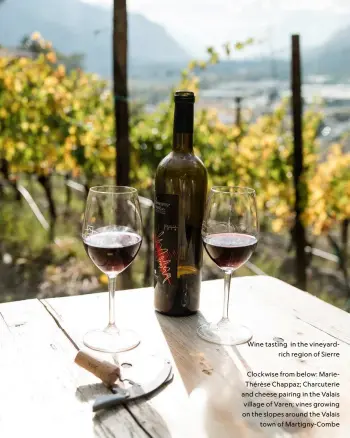  ?? ?? Wine tasting in the vineyardri­ch region of Sierre
Clockwise from below: MarieThérè­se Chappaz; Charcuteri­e and cheese pairing in the Valais village of Varen; vines growing on the slopes around the Valais
town of Martigny-Combe