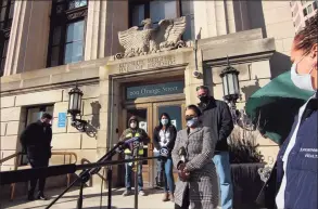  ?? Christian Abraham / Hearst Connecticu­t Media ?? New Haven Public Health Director Maritza Bond holds a press conference announcing the enforcemen­t of wearing masks in all city businesses in downtown New Haven on Nov. 18.