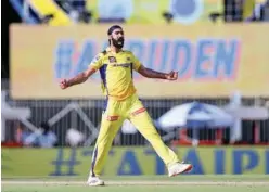  ?? Agence France-presse ?? ↑
Chennai Super Kings’ Simarjeet Singh celebrates after taking the wicket of Rajasthan Royals’ Sanju Samson (unseen) during their IPL match on Sunday.