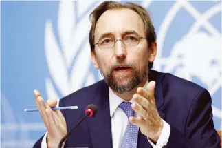  ??  ?? Zeid Ra'ad Al Hussein, UN High Commission­er for Human Rights gestures during a news conference at the UN Office in Geneva, Switzerlan­d, Wednesday. (Reuters)