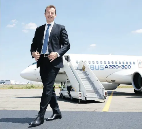  ?? CHRISTOPHE MORIN / BLOOMBERG ?? Guillaume Faury, Airbus president commercial aircraft, welcomes the A220 “to the Airbus family” in Toulouse, France, on Tuesday. Airbus now holds a majority stake in Bombardier’s C Series program.