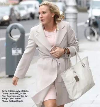  ??  ?? Gayle Killilea, wife of Seán Dunne (inset left), at the Four Courts yesterday for a High Court action. Photo: Collins Courts