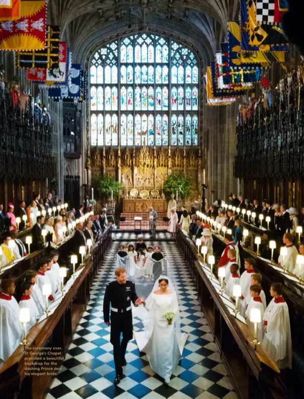  ??  ?? The ceremony over, St George’s Chapel provided a beautiful backdrop for the dashing Prince and his elegant bride.