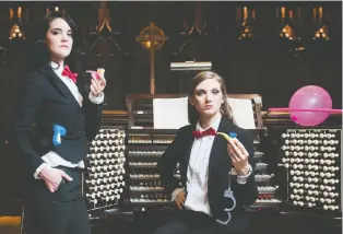  ??  ?? Rachel Mahon, left, and Sarah Svendsen perform as Organized Crime, an entertaini­ng organ duo. They’ll play at the Knox-metropolit­an Church on Friday.