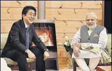  ??  ?? Prime Minister Narendra Modi in an informal meeting with his Japanese counterpar­t, Shinzo Abe, in Japan’s Yamanashi on Sunday.