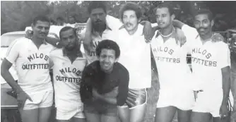  ??  ?? MEMBERS of Wentworth’s iconic Leeds United. From left: Patrick Moodley, Elvis Singh, Brian Fynn, Gregory Baptist, Clement Tucker, Phillip Peters. Front: Kirk Dutlow.