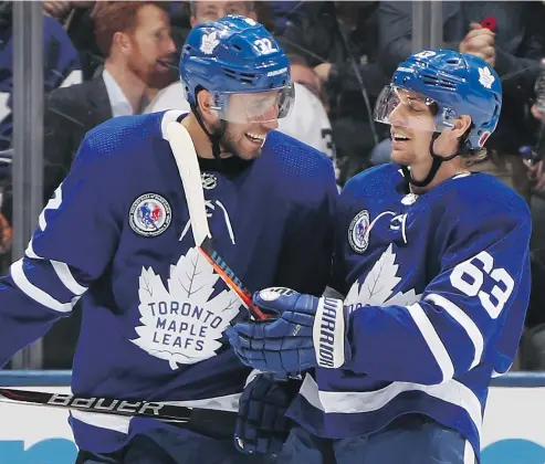  ?? — GETTY IMAGES FILES ?? Former Maple Leafs forward Josh Leivo, left, and teammate Tyler Ennis celebrate a goal during a recent game. Leivo scored 14 goals in 84 games playing on Toronto’s fourth line, suggesting he has offensive upside.