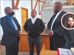  ?? Photo: Maria Amakali ?? Legal battle… NTB CEO Digu //Naobeb with lawyers Thabang Phatela and Kaijata Kangueehi.